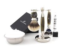 Jag Shaving Shaving Kit - 5 Piece Shaving Set - Jag's Lee Range - 5 Edge Shaving Blade Shaving Razor - Silvertip Badger Shaving Brush - Elegant Shaving Stand - Green Horn Imitation