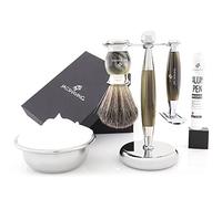 Jag Shaving Shaving Kit - 5 Piece Shaving Set - Jag's Lee Range - Double Edge Safety Razor - Synthetic Shaving Brush - Elegant Shaving Stand - Green Horn Imitation