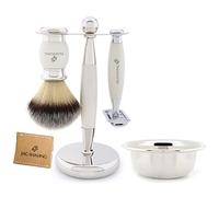 Jag Shaving Shaving Kit - Ivory Shaving Set - Shaving Set for Men - and Women - Synthetic Shaving Brush - Double Edge Safety Razor - Shaving Stand - Shaving Bowl - Leather Razor Case