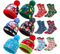 JaGely 12 Pcs Christmas Hat Light up LED Xmas Beanie Knit Cap Christmas Socks Holiday Socks Unisex LED Winter Snow Hat(Stylish Style)