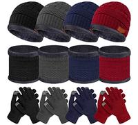 JaGely 12 Pieces Kids Winter Hat Glove Scarf Sets Thick Fleece Lining Cap Knitted Beanie Warm Touchscreen Mitten Neck Warmer Gaiter for Boys and Girls, Age 5-14, Hats, Navy Blue, Burgundy