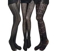 JaGely 3 Pairs Women Patterned Tight Fishnet Hollow out Knitted Tights Patterned Lace Stockings Vertical Strips Pantyhose