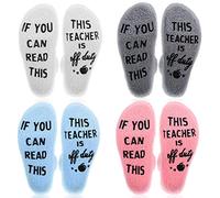 JaGely 4 Pairs Teacher Socks for Women Funny Warm Non Slip Gift Socks for Teacher Appreciation, White, Gray, Pink, Blue, One Size