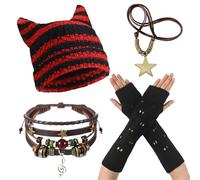 JaGely 4 Pcs Therian Grunge Accessories for Women Cat Beanie Fairy Ripped Gloves Y2k Necklaces Fairycore Bracelets Jewelry, Red Black, Medium
