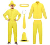 JaGely 5 Pcs Halloween Man in the Yellow Hat Costume Shirt Pants Tie Uniform Set for Halloween Cosplay Party