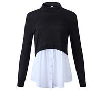 JAGETRADE Women 2 In 1 Patchwork Pullover Top Ribbed Long Sleeve Sweater Layered Shirt Hem