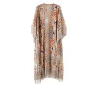 JAGETRADE Womens Summer Half Sleeve Chiffon Cardigan Boho Retro Geometric Floral Printed Fringed Tassels Patchwork Bikini Cover Up Ankle Length Kimono Cape