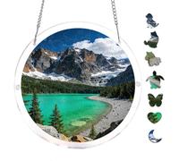 Jagged Cliff Evergreen Forest Lake 7.8x7.8Inch Round Acrylic Jigsaw Puzzle Suncatcher, Crystal Window Decor Wall Art Ornament, Home Decoration Gift