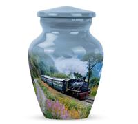 JAGLASH Train Cremation Urns for Male & Female, Funeral Keepsake Urn for Ashes, Pink Flowers Burial Cremains Ash Holder, 3 Inch Grey Women Urn, Beautiful Mountain Urns