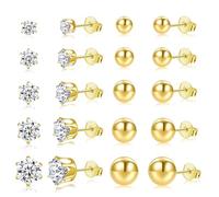 Jagosen 10 Pairs Stud Earrings For Women Sterling Silver Gold Plated Earrings Studs Set Cubic Zirconia Hypoallergenic Cartilage Small Ball Sleeper Earrings for Multiple Piercing Jewellery 2/3/4/5/6mm