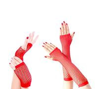 Jagowa 2 Pair Retro Fishnet Gloves, Long and Short Fishnet Fingerless Gloves (Red)