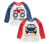 Jagrove Toddler Little Boys T Shirts 2 Pack Long Sleeve Crewneck Top Tee Dinosaur Car Letter Printed Shirts for 2-7 Years, Car R+b, 3 Years
