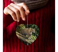Jaguar Cat On Tree Trunk Waterfall 2025 Christmas Tree Ornaments Ceramic Heart Shape Xmas Tree Hanging Pendants Double-Sided Printed Christmas Decor for New Year Family Party Holiday