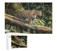 Jaguar Cat on Tree Trunk Waterfall 500 Piece Jigsaw Puzzle for Adults Challenging Puzzles for Cognitive Workout Unique Shaped Jigsaw Puzzle Relaxing Gift Home Wall Decor