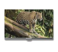 Jaguar Cat on Tree Trunk Waterfall Business Card Holder, Personalized Metal Name Card Case, Portable Pocket Card Organizer with Buckle Closure, Professional Business Card Container for Office