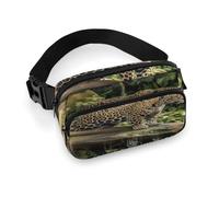 Jaguar Cat on Tree Trunk Waterfall Full Printed Fanny Pack,Zipper Belt Bag Cute Crossbody Bag Hip Bum Bag with Adjustable Strap
