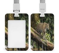 Jaguar Cat on Tree Trunk Waterfall ID Badge Holder Waterproof Card Protector Push-Pull Slot Work ID Card Holder with Lanyard Personalized Detachable Card Holders for Office Corporate Use