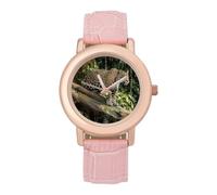 Jaguar Cat on Tree Trunk Waterfall Leather Band Watches for Women Dress Watch Fashion Cute Pink Dial Analog Quartz Wristwatch Minimalist Elegant Dainty Ladies Watch for Party Daily Wear & Gift
