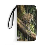 Jaguar Cat on Tree Trunk Waterfall Leather Wallets for Men Women Wristlet Wallet Large Capacity Multi-layer Pockets Travel Wallet Slim Credit Card Holder Fashion Casual Clutch Zipper Coin Purse