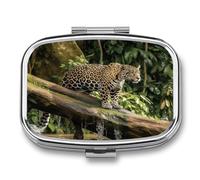Jaguar Cat on Tree Trunk Waterfall Pill Organizer with 2 Compartments Metal Square Pill Case Small Pill Box Portable Medicine Box Slim Travel Pill Container Medicine Organizer for Daily Use