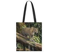 Jaguar Cat on Tree Trunk Waterfall Polyester Tote Bag, Lightweight Reusable Shoulder Carryall, Spacious Multi-Purpose Durable Open-Top Shopping Bag for Work Travel Gym Grocery Errands Daily Use