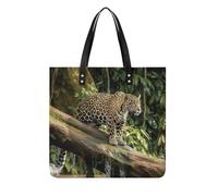 Jaguar Cat on Tree Trunk Waterfall PU Leather Tote Bag, Lightweight Spacious Carryall Tote with Soft Touch Material, Durable Reusable Handbag for Work Travel Shopping Weekend Activities