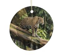 Jaguar Cat on Tree Trunk Waterfall Round Ceramic Pendant Hanging Festival Ornament, Personalized Double Sided Ceramic Home Decor, Lightweight Durable Hanging Ornament Gift for Home, Party, Women Men