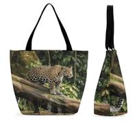 Jaguar Cat on Tree Trunk Waterfall Tote Bag for Women Reusable Grocery Bag Heavy-Duty Shopping Bags with Handles Fashion Handbag Casual Shopping Tote Large Capacity Shoulder Bags for Work Travel Picni