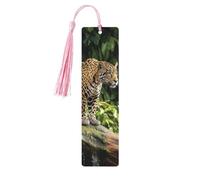 Jaguar Cat On Tree Trunk Waterfall Wooden Bookmarks Handmade Double-Sided Printed Book Marks Page Markers with Pink Tassels Book Accessories Gift for Book Lovers Women Men
