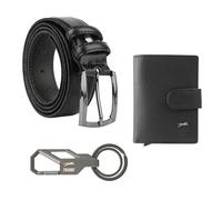 JAGUAR Men's Gift Set, Leather Card Holder, Belt 125 cm, Metal Keyring, Black