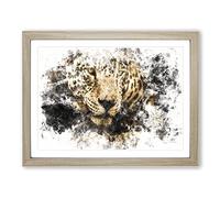 Jaguar Stalking Prey Watercolour Modern Framed Print | A3 Oak Framed Wall Art | Ready to Hang | Modern Animal Picture | Living Room Bedroom Lounge Office