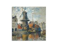 JAHER Claude Monet Paintings - (Windmill on The Onbekende Canal, Amsterdam) Poster Cool Artworks Painting Wall Art Canvas Prints Hanging Picture Home Decors Gift Idea 28x28inch(70x70cm)