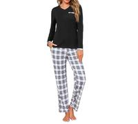Jahetuul Women's Pyjamas Set Long Sleeve Cotton Pjs for Ladies V-Neck Top & Plaid Bottoms with Pockets Soft Loungewear Sets Two Pieces Black