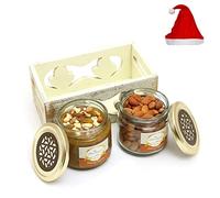 Jaiccha Ghasitaram Christmas Gifts White Wooden Tray of 2 Jars of Dryfruit Halwa and Almonds
