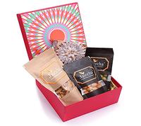 Jaiccha Ghasitaram Diwali Gifts - Diwali Gifts Red Hamper Box of Kaju Katlis, Crunchy Coated Cashews, Crunchy Coated Peanuts, Butter Chakli Sticks