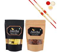 Jaiccha Ghasitaram for Brothers Rakhi Sweets MEWA Bites 100 GMS and Peri Peri Almonds 100 GMS Pouches with 2 Pearl Beads Rakhis - Pack of 2