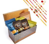 Jaiccha Ghasitaram Rakhi Gift for Brothers Rectangle box of Badang Bhel,Chakli Sticks,Chocolate Coated Butterscotch,Chocolate Coated Raisin,Crunchy Coated Cashew & Crunchy Coated Peanuts with 5 Rakhis