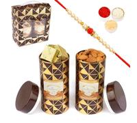Jaiccha Ghasitaram Rakhi Gifts for Brothers Box 2 Tin Jars of Almonds and MEWA Bites with Pearl Rakhi