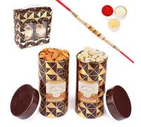 Jaiccha Ghasitaram Rakhi Gifts for Brothers Box 2 Tin Jars of Cashews and Almonds with Pearl Rakhi