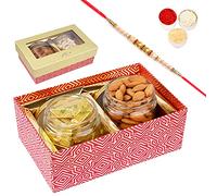 Jaiccha Ghasitaram Rakhi Gifts for Brothers Box with 2 Jars of Almonds and MEWA Bites with Pearl Rakhi