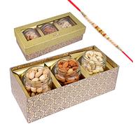 Jaiccha Ghasitaram Rakhi Gifts for Brothers Box with 3 Jars of Cashews, Almonds and Pistachios with Pearl Rakhi