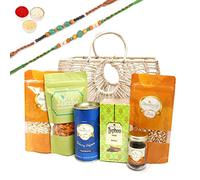 Jaiccha Ghasitaram Rakhi Gifts for Brothers Jute Fancy Basket/ Carry Bag/ Magazine Holder of Healthy Treats with 2 Green Beads Rakhis