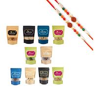 Jaiccha Ghasitaram Rakhi Gifts for Brothers - Pack of 10 dryfruits Cashews, Almonds, Raisins, Pistachios, Figs,Dried Apricots, Walnuts, Protein Cashews, Chooclate Coated Almonds and Kiwi with 2 Rudraksh Rakhis