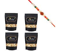 Jaiccha Ghasitaram Rakhi Gifts for Brothers - Pack of 4 Tea Time Cashew Shaped Biscuits 100 GMS in Black Paper Pouch with Rudraksh Rakhi