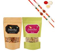 Jaiccha Ghasitaram Rakhi Gifts for Brothers Rakhi Dryfruits - Almonds 200 GMS and Raisins 200 GMS Pouches with 2 Rudraksh Rakhis