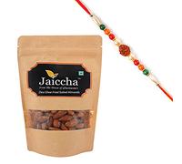 Jaiccha Ghasitaram Rakhi Gifts for Brothers Rakhi Dryfruits - Desi Ghee Fried Salted Almonds 200 GMS in Brown Paper Pouch with Rudraksh Rakhi