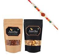 Jaiccha Ghasitaram Rakhi Gifts for Brothers Rakhi Dryfruits - Desi Ghee Fried Salted Cashews 200 GMS and Almonds 200 GMS Pouches with Rudraksh Rakhi