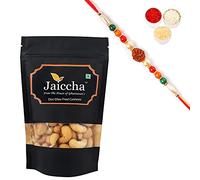 Jaiccha Ghasitaram Rakhi Gifts for Brothers Rakhi Dryfruits - Desi Ghee Fried Salted Cashews 200 GMS in Black Paper Pouch with Rudraksh Rakhi