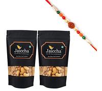 Jaiccha Ghasitaram Rakhi Gifts for Brothers Rakhi Dryfruits - Desi Ghee Fried Salted Cashews 400 GMS in Black Paper Pouch with Rudraksh Rakhi