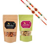 Jaiccha Ghasitaram Rakhi Gifts for Brothers Rakhi Dryfruits - Pack of 2 Peri Peri, Pudina Cashews Pouches Small 200 GMS with 2 Rudraksh rakhis